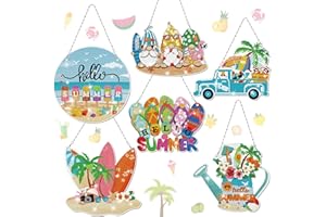 Chitidr 6 Pcs Summer Diamond Painting Hanging Sign Set Beach Gnome Diamond Art Paint Arts Set 5D DIY Ornaments Kits for Summer Wall Door Window Decor