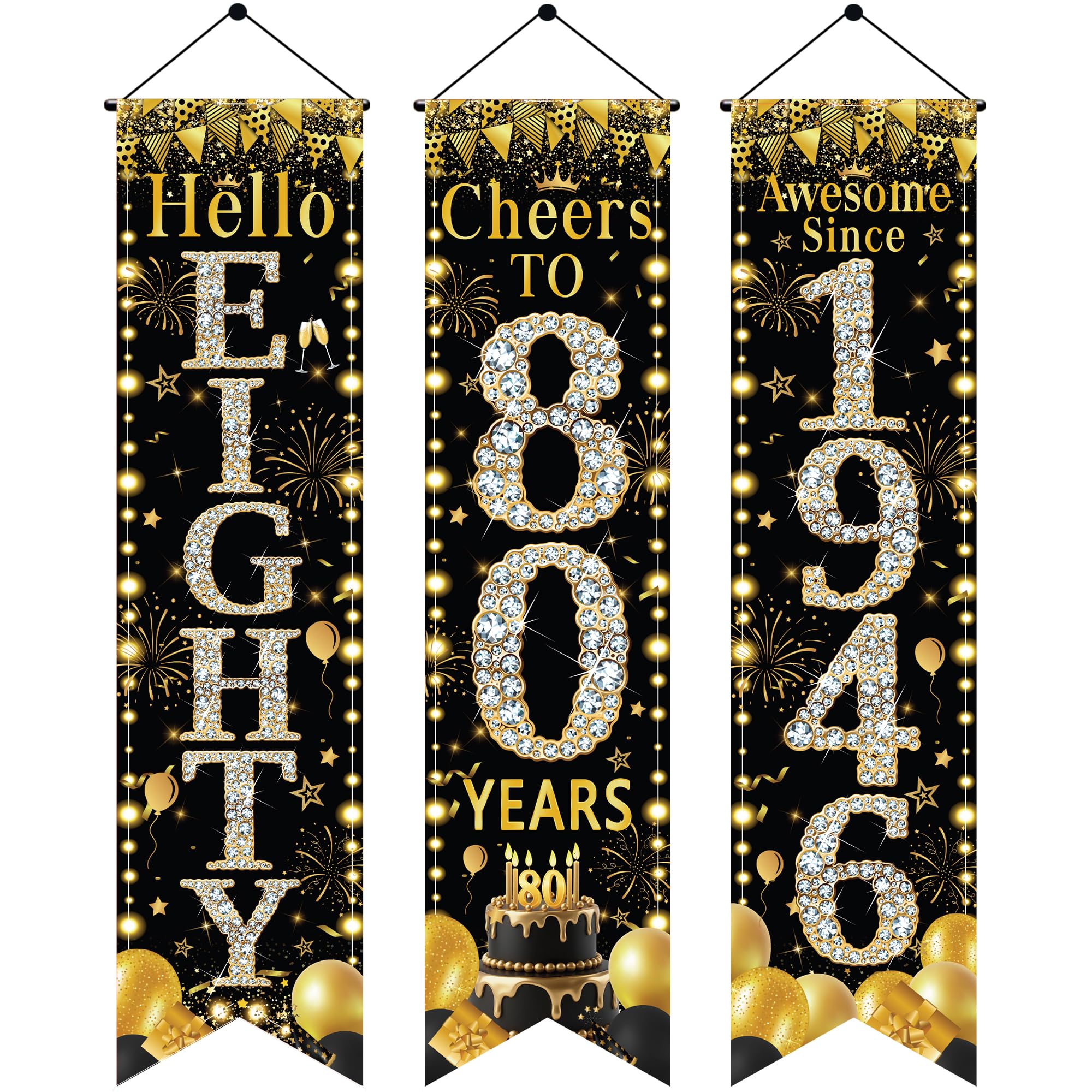 80th Birthday Decorations Door Banner - Black and Gold Awesome Since 1946 Porch Signs, 3Pcs 3.9x0.9ft Hello Eighty and Cheers to 80 Years Party Supplies