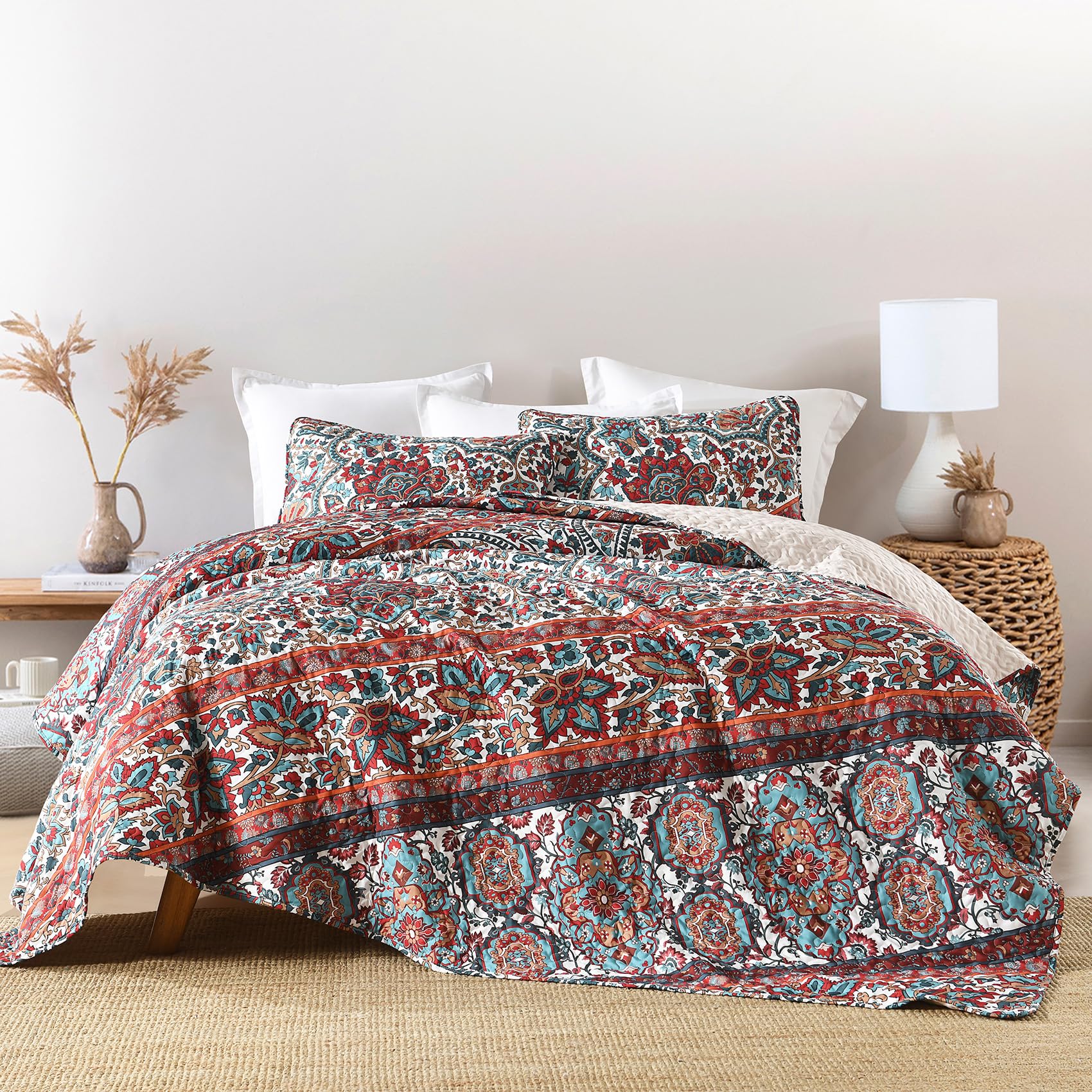 Photo 1 of HORIMOTE HOME Boho Quilt Queen Size, Reversible Bohemian Style Twill Strip Floral Quilt Beddding Set, Colorful and Soft Bedspread Full Size Quilt Coverlet for All Season, 2 Pillow Shams (3 Pieces)