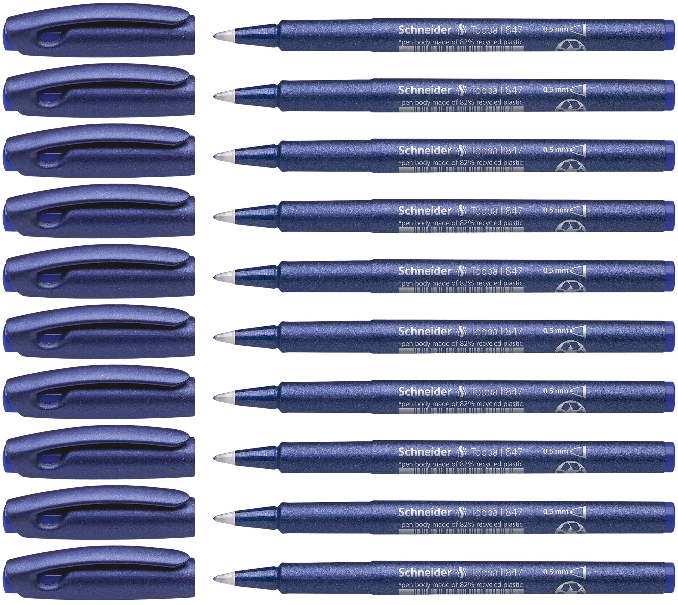 Schneider Topball 847 Ink Roller Pen with Solid Metal Tip 0.5 mm Blue Pack of 10