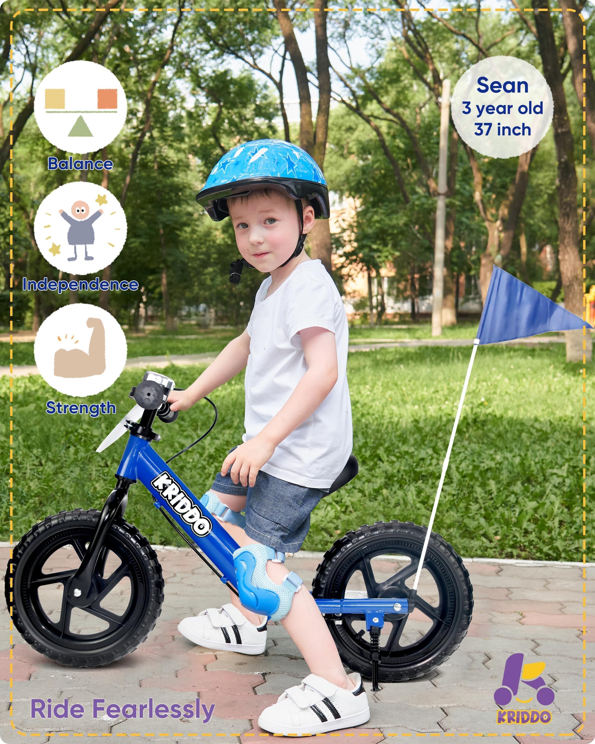 KRIDDO Pro Toddler Balance Bike 2+ Year Old with Hand Brake and Kickstand, 12 Inch Push Bicycle, Gift Bike for 2-5 Boys Girls, Blue