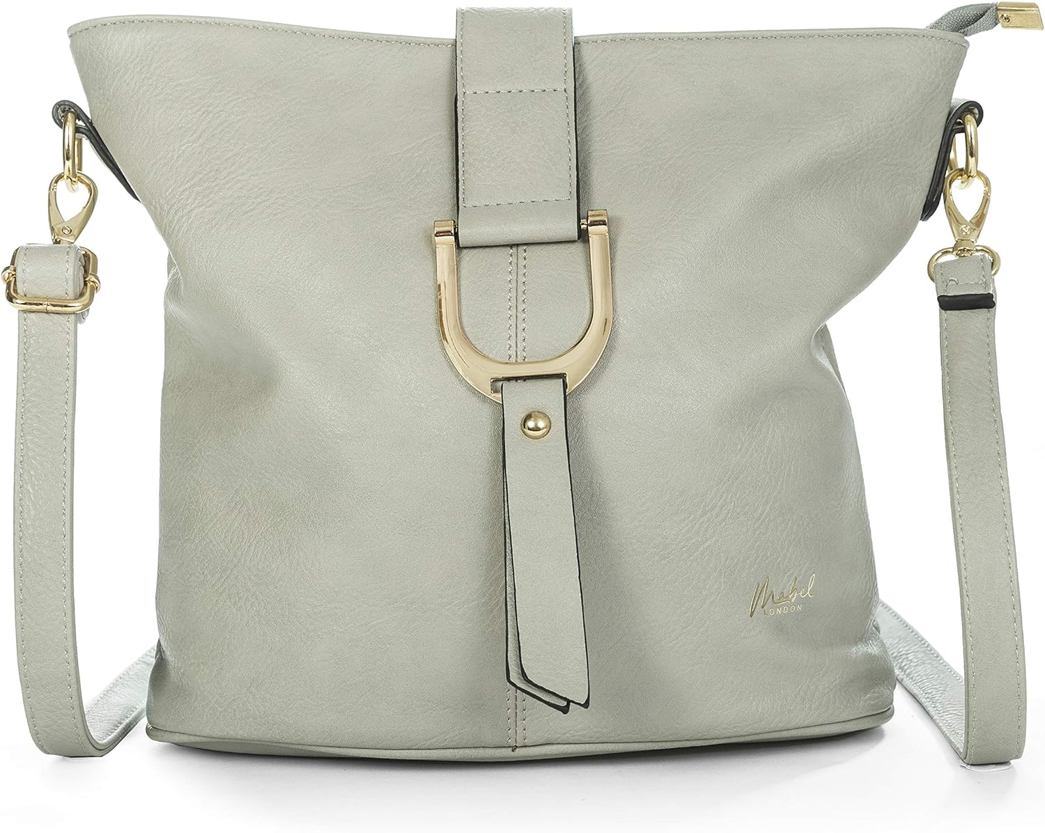 Mabel London Womenโs Vegan Leather Crossbody Shoulder Bag - Medium Everyday Tote with Horseshoe Buckle & Zip Pocket - Fran (Light Grey)