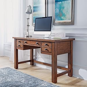 Home Styles Tahoe Aged Maple Executive Writing Desk with Two Accessory Drawers on Each Side, Drop-Down Center Drawer, Keyboard Tray, and Antiqued Bronze Pulls