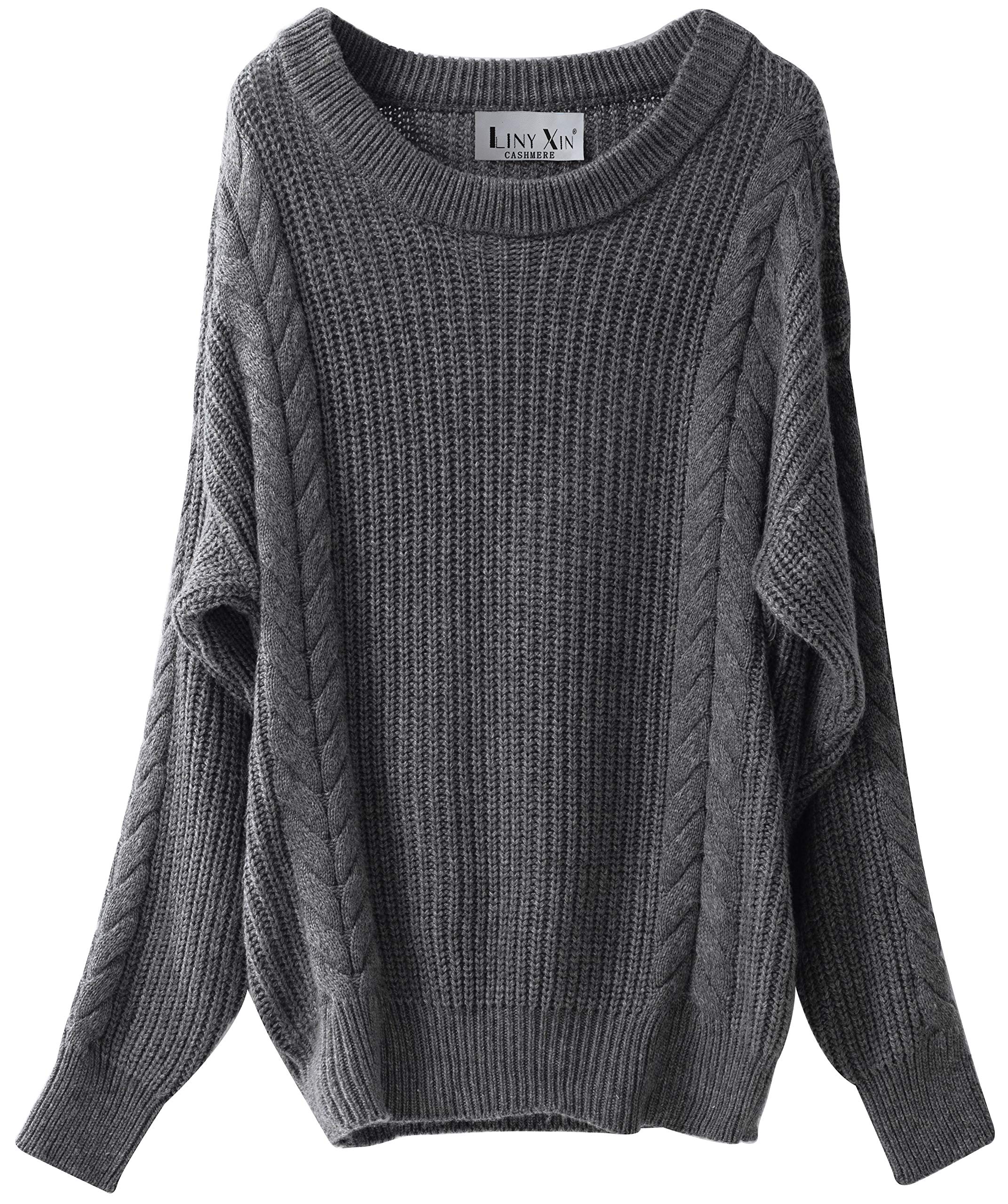 Liny Xin Women's Cashmere Oversized Loose Knitted Crew Neck Long Sleeve Winter Warm Wool Pullover Long Sweater Dresses Tops