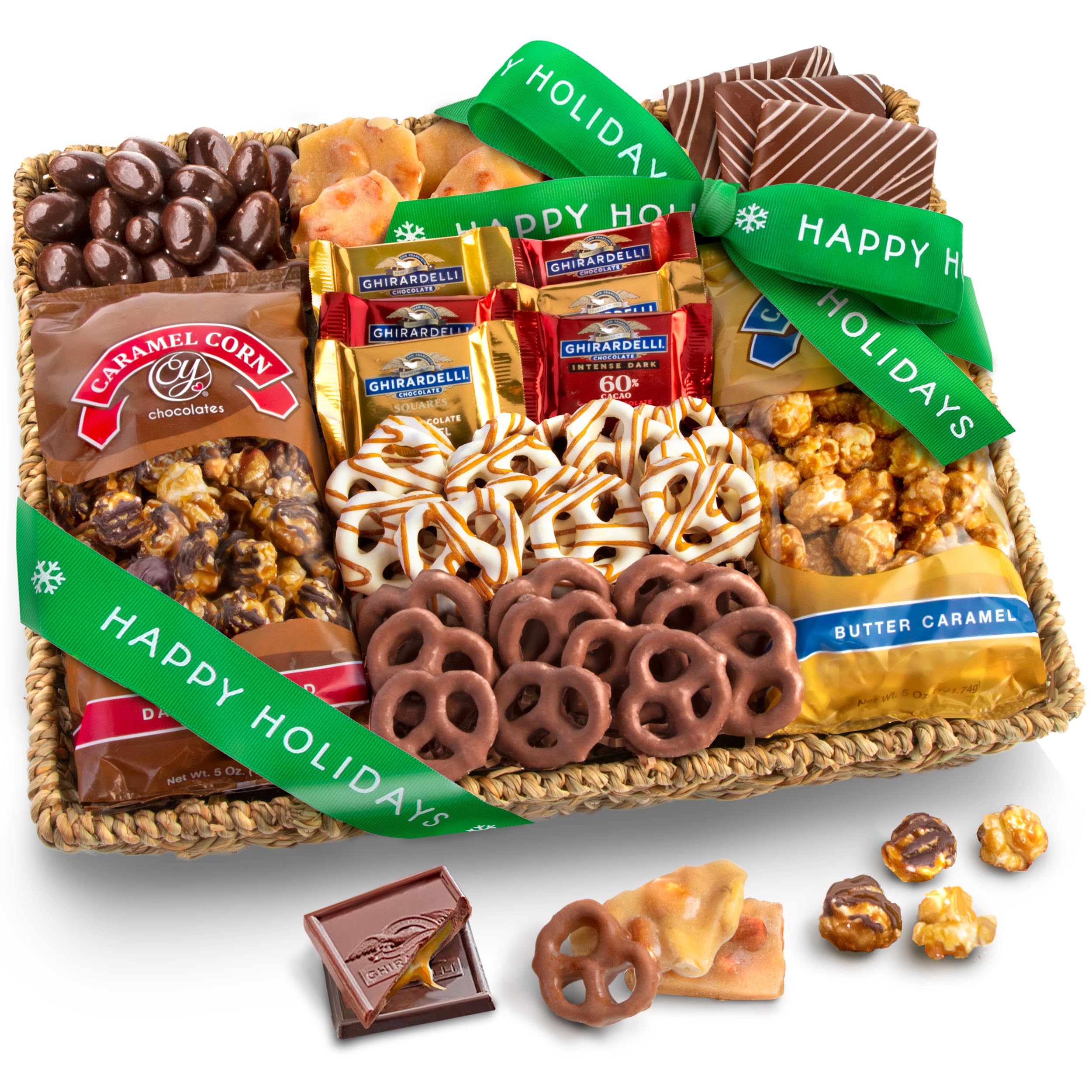 A Gift Inside Happy Holidays Chocolate Caramel and Crunch Grand Gift Basket Image