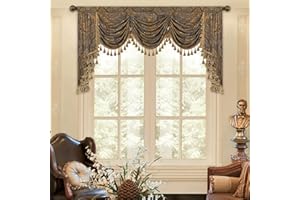 Loom and Mill Luxury Jacquard Waterfall Valance for Living Room, Classic Antique Swag Window Valances with Tassels, Bronze Gold Swag Curtains for Bedroom Banquet Holiday Decoration(W79Inch,1 Panel)