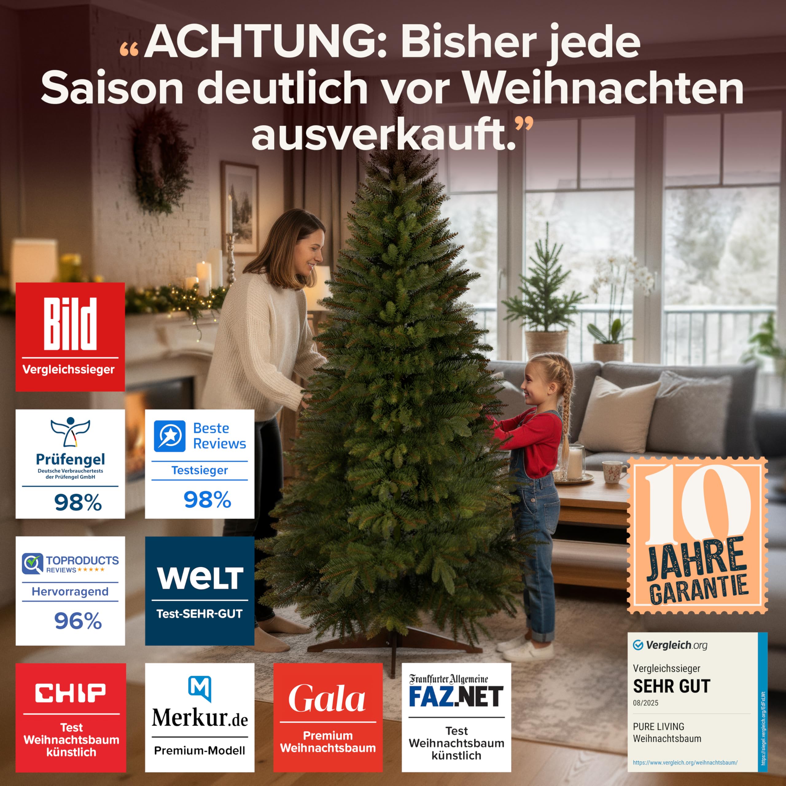 Premium Weihnachtsbaum künstlich 220cm - TESTSIEGER 10 Jahre GARANTIE - Naturgetreu, dichte Zweige, Künstlicher Weihnachtsbaum mit Holzständer – Tannenbaum künstlich von Pure Living