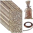 100 Pieces Leopard Print Treat Bags Leopard Candy Bags Easy to Seal Animal Print Cellophane Cookie Bags with 1 Roll Brown Fabric Ribbon for Zoo or Jungle Party Supplies