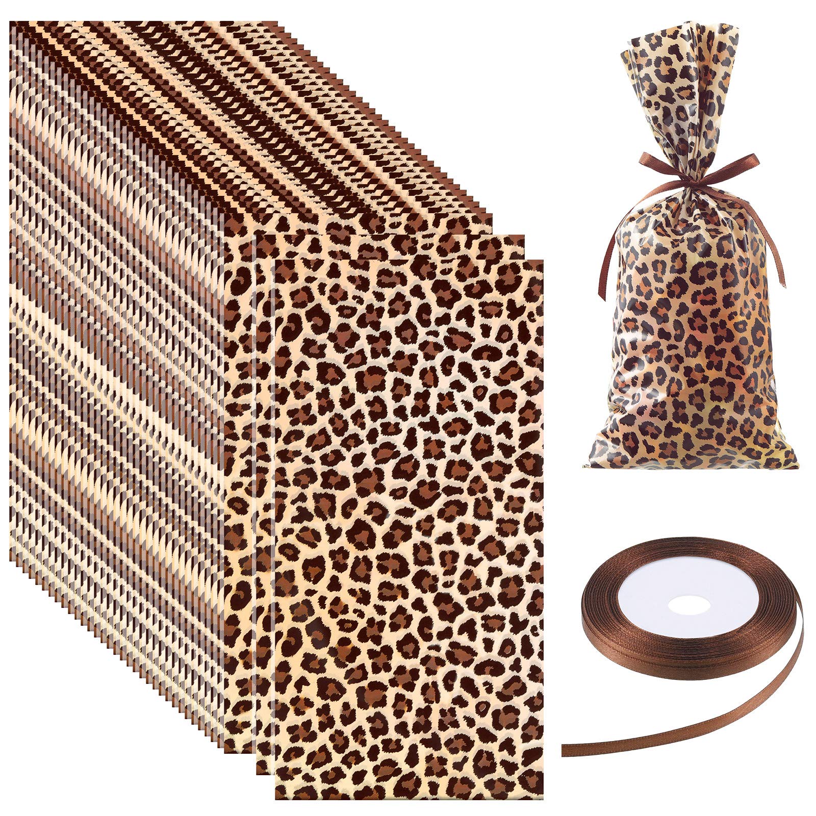Photo 1 of 100 Pcs Leopard Print Treat Bags Animal Cheetah Leopard Candy Bags with a Roll Brown Fabric Ribbon for Treat Wild Zoo Jungle Party Decoration Supplies