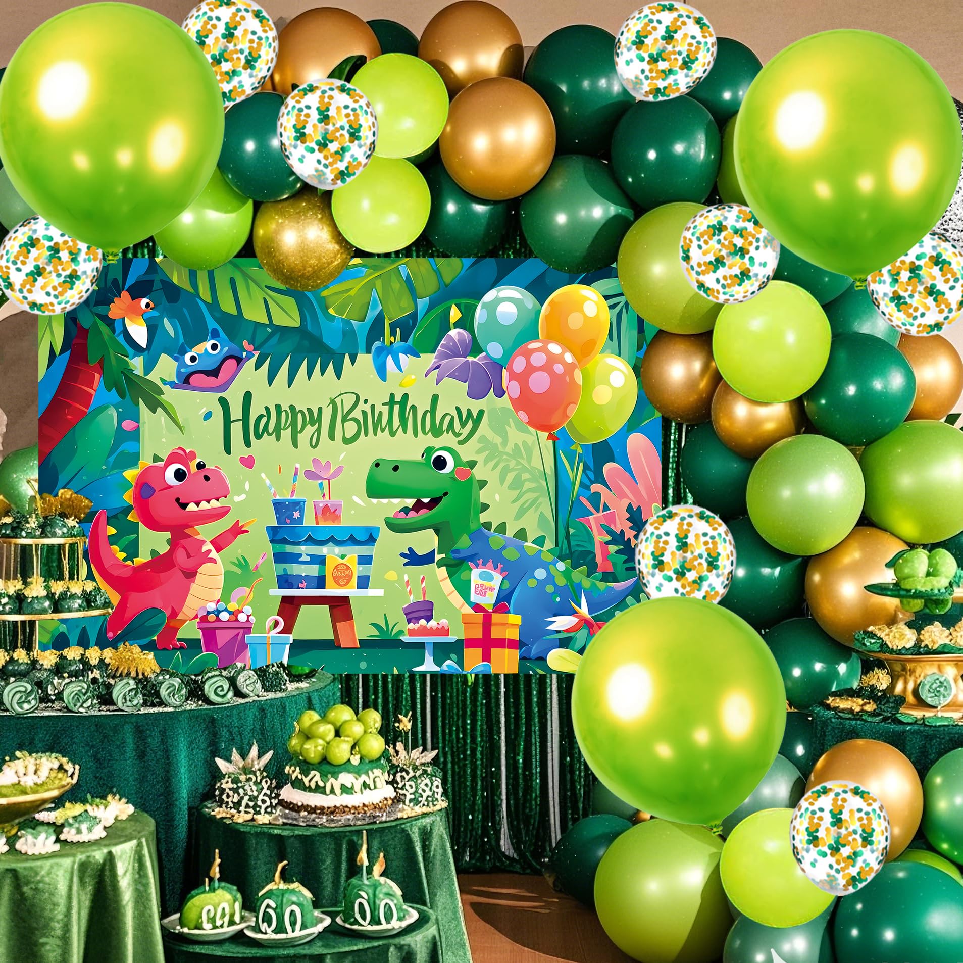 Photo 1 of YinQin 80 PCS Dinosaur Green Happy Birthday Party Balloons Set with Dino Theme Photo Background Backdrop Banner Cloth Green Bday Balloon Decoration Dinosaur Happy Birthday Party Supplies for Kids