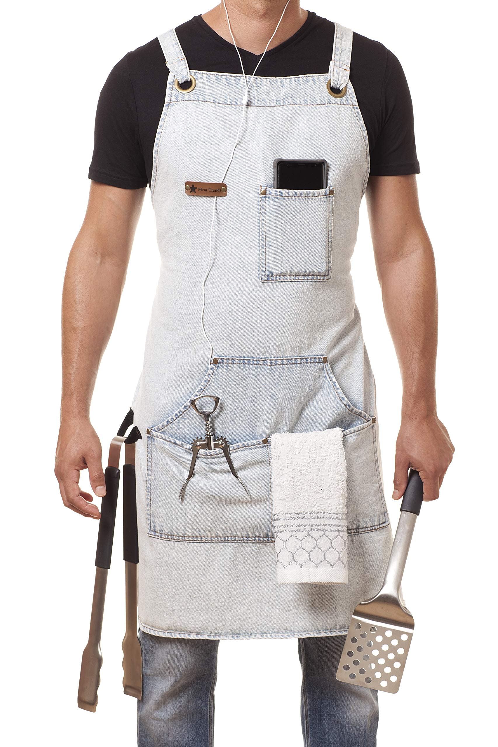 ARAWAK BRAVE Distressed Denim Apron Chef Kitchen BBQ Grill Light Blue Towel Loop + Quick Release Buckle + Tool Pockets Adjustable M to XXL