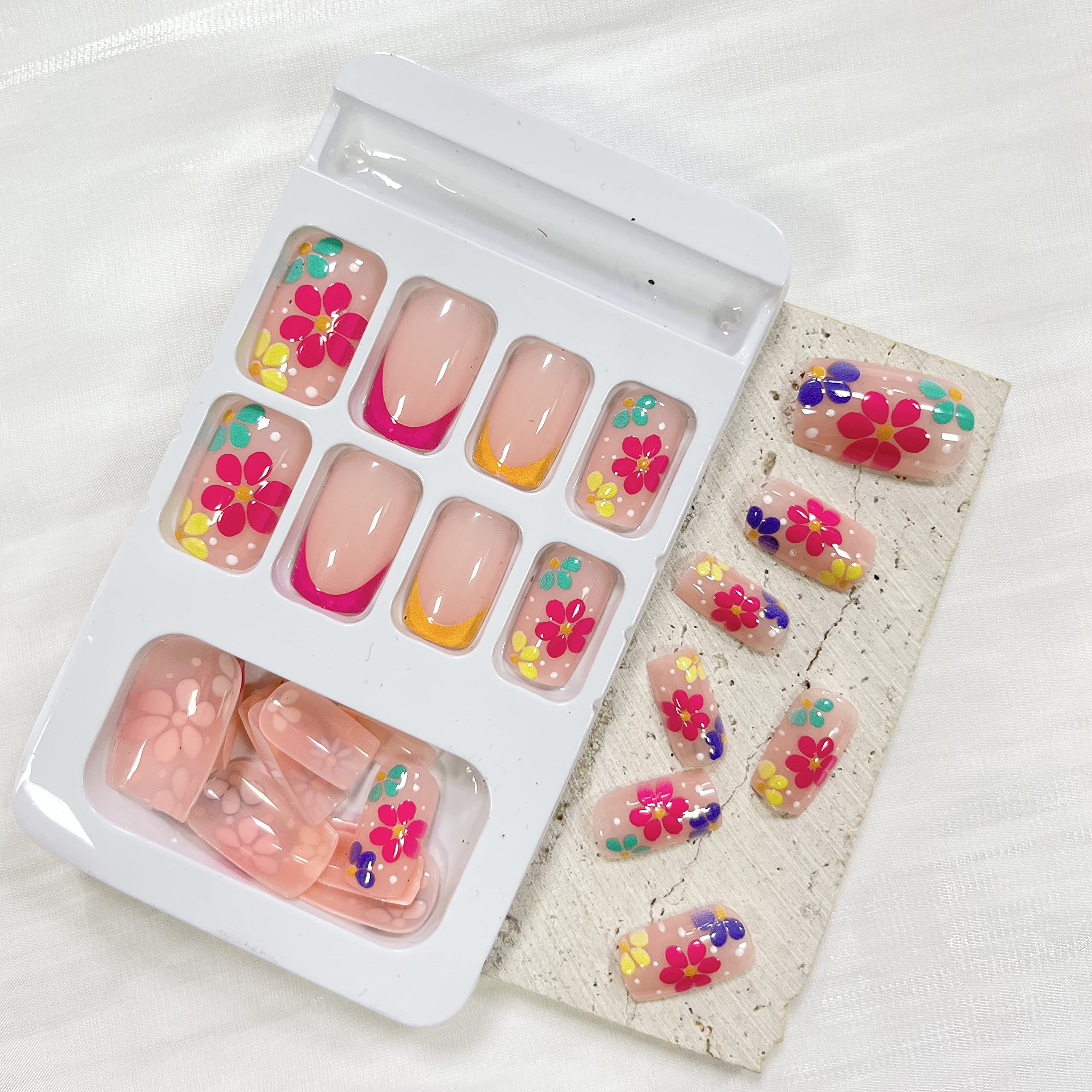 French Tip Press on Nails Square Short Fake Nails Pink False Nails with Colorful Designs Glossy Acrylic Nails Spring Summer Floral Glue on Nails for Women Nail Art Decorations - Image 5