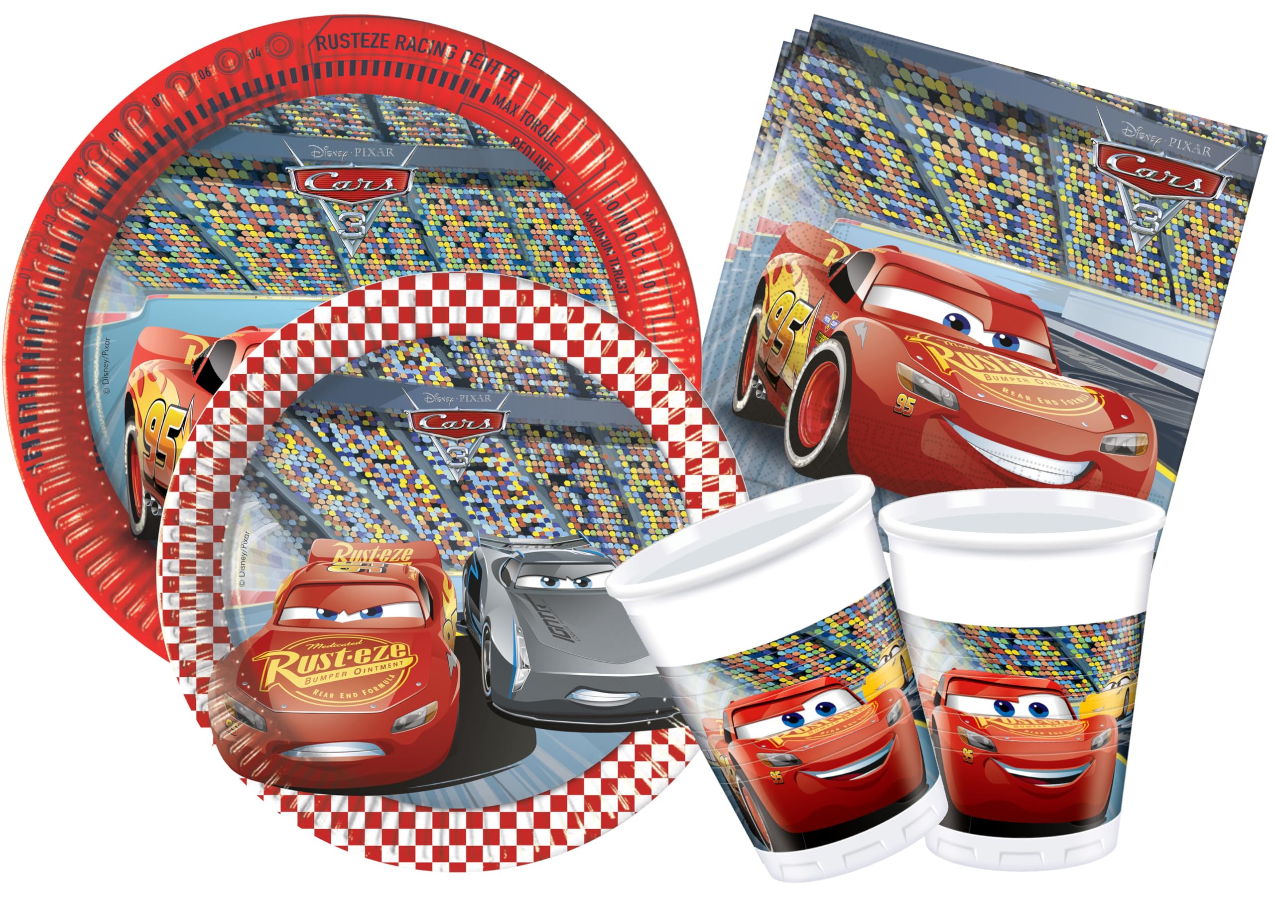 Party Tableware Set Disney Cars 3 for 8 people (44 pcs: 8 paper plates Ø23cm, 8 paper plates Ø20cm, 8 cups 200ml, 20 paper napkins 33x33cm)