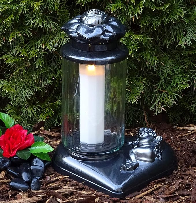 ? Grablaterne Grablampe mit Herz Sockel Rose und Engel 36,0cm Schwarz Silber incl.Grabkerze Grablicht Grabschmuck Grabdekorat