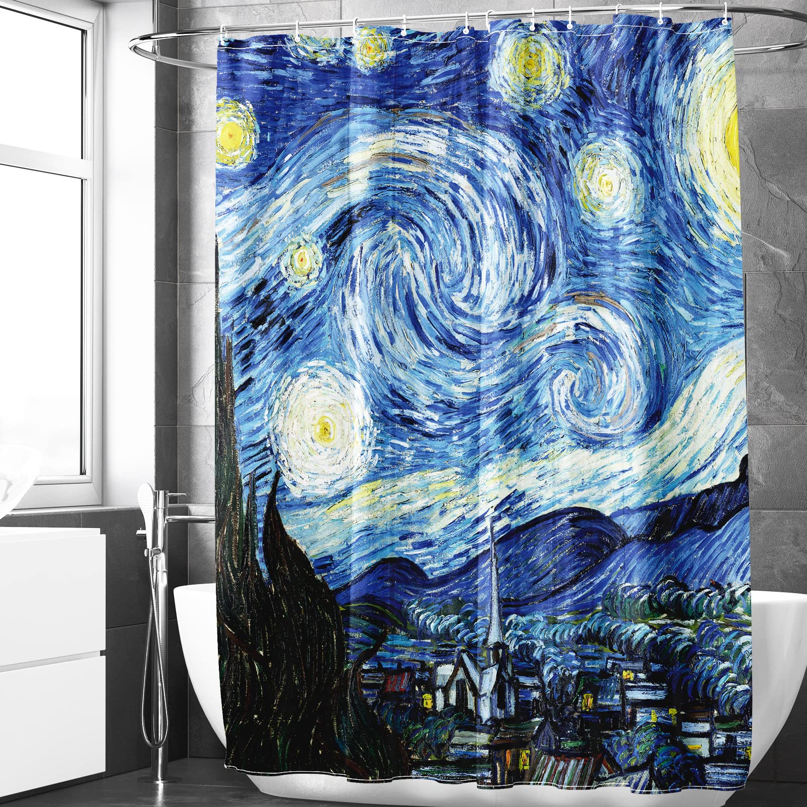 Berkin Arts Bathroom Shower Curtain Set 70x70 Inch Waterproof Polyester with Hooks Post-Impressionism Blue (The Starry Night by Vincent van Gogh)