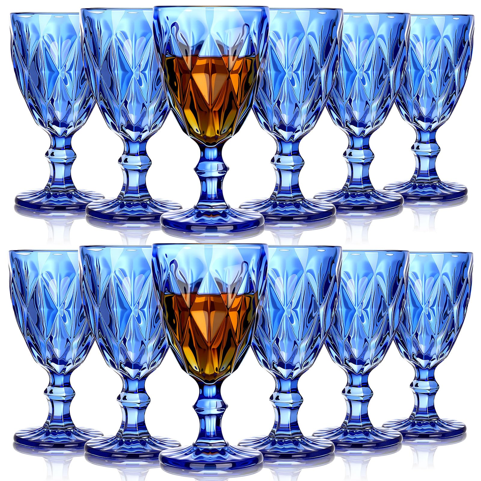 Photo 1 of Yinder Glass Goblet Vintage Wine Goblet Embossed Glassware 10 oz Solid Color Glass Stemmed Cups for Iced Tea Beverage Soda Juice Water Liquor and Party Wedding Bars Restaurants (Blue,12 Pack)