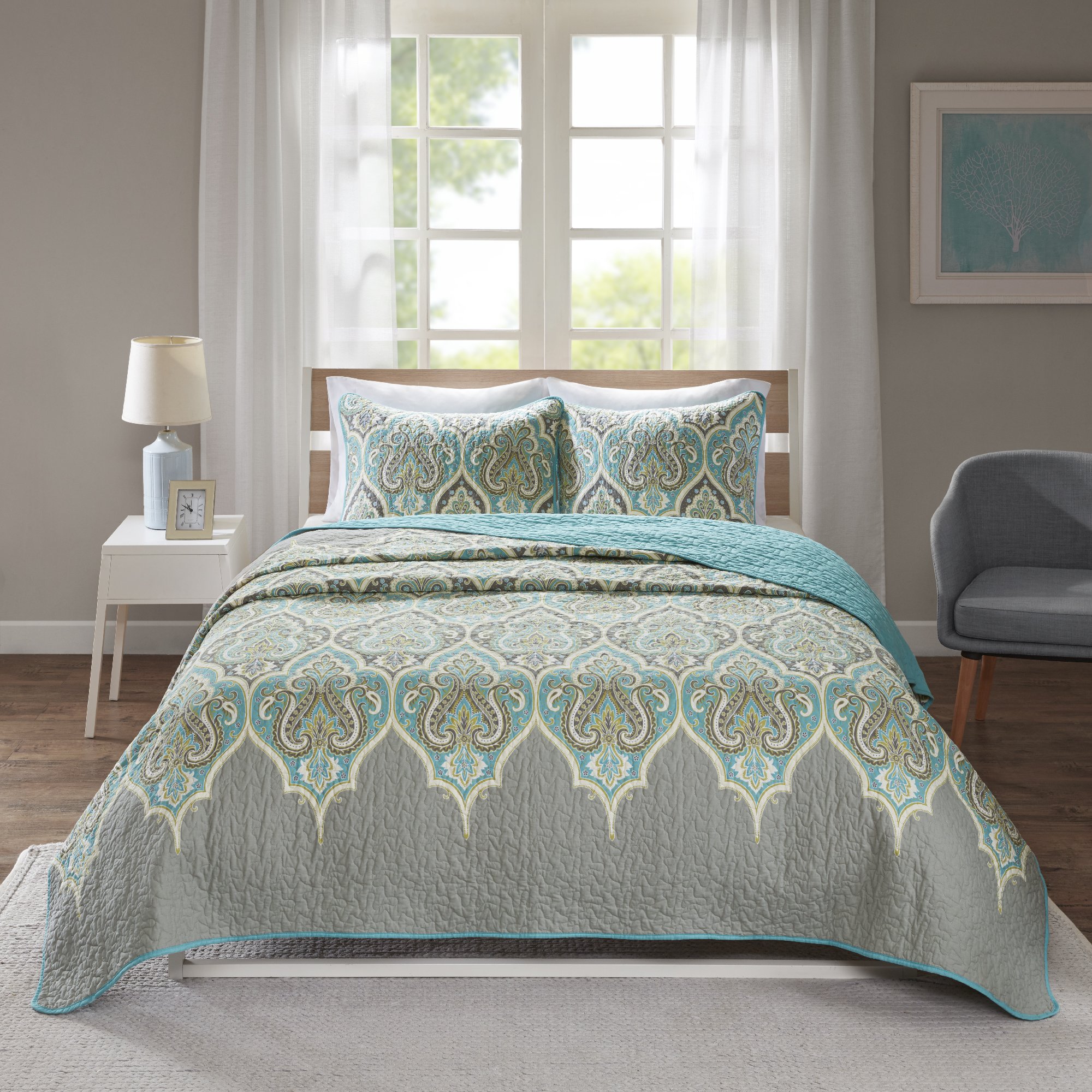 Comfort Spaces CS14-0808 Paisley Design, Double Sided Quilting All Season, Lightweight, Coverlet Bedspread Bedding Set, Matching Shams, King/Cal King(104"x90"), Mona, Teal/Grey