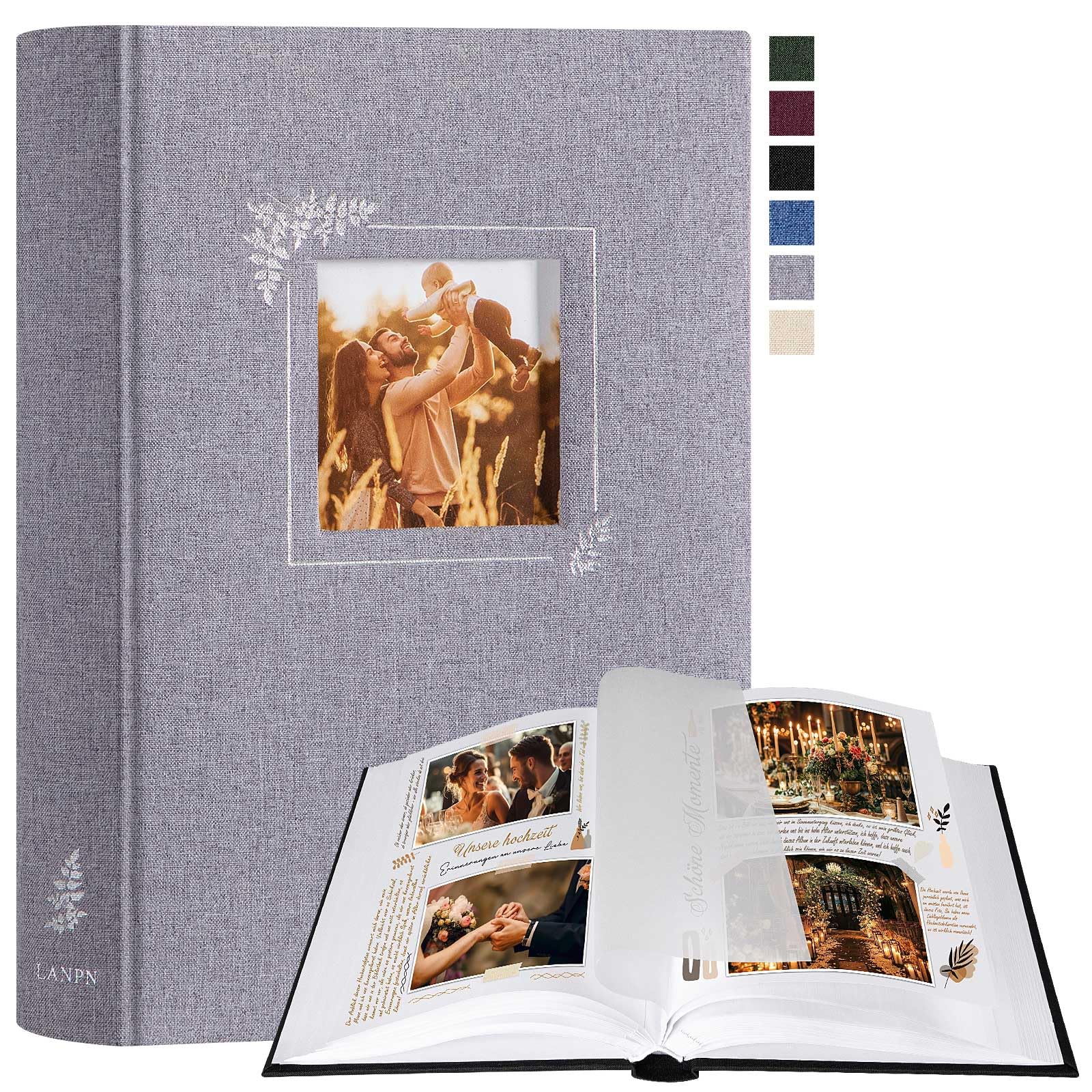 Lanpn Photo Album, Small Linen DIY Window Design, Scrapbook, 60 Blank Pages with Cellophane Dividers for Photos 9 x 13 cm, 10 x 15 cm, 13 x 18 cm (19 x 27 cm, Grey)