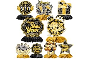 Lovarywow Happy New Year Decorations 2025-9PCS New Years Eve Decorations 2025 Eve Honeycomb Centerpiece Table Decorations Black Gold Nye Party Supplies Happy New Years 2025 Table Decor for Men Women