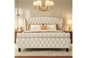 HISOFT Queen Bed Frame, 39" Velvet Upholstered Sleigh Bed with Wingback Headboard & Scroll Footboard, No Box Spring Needed, Sturdy Support, Easy Assembly, Noise Free, Button Tufted, White