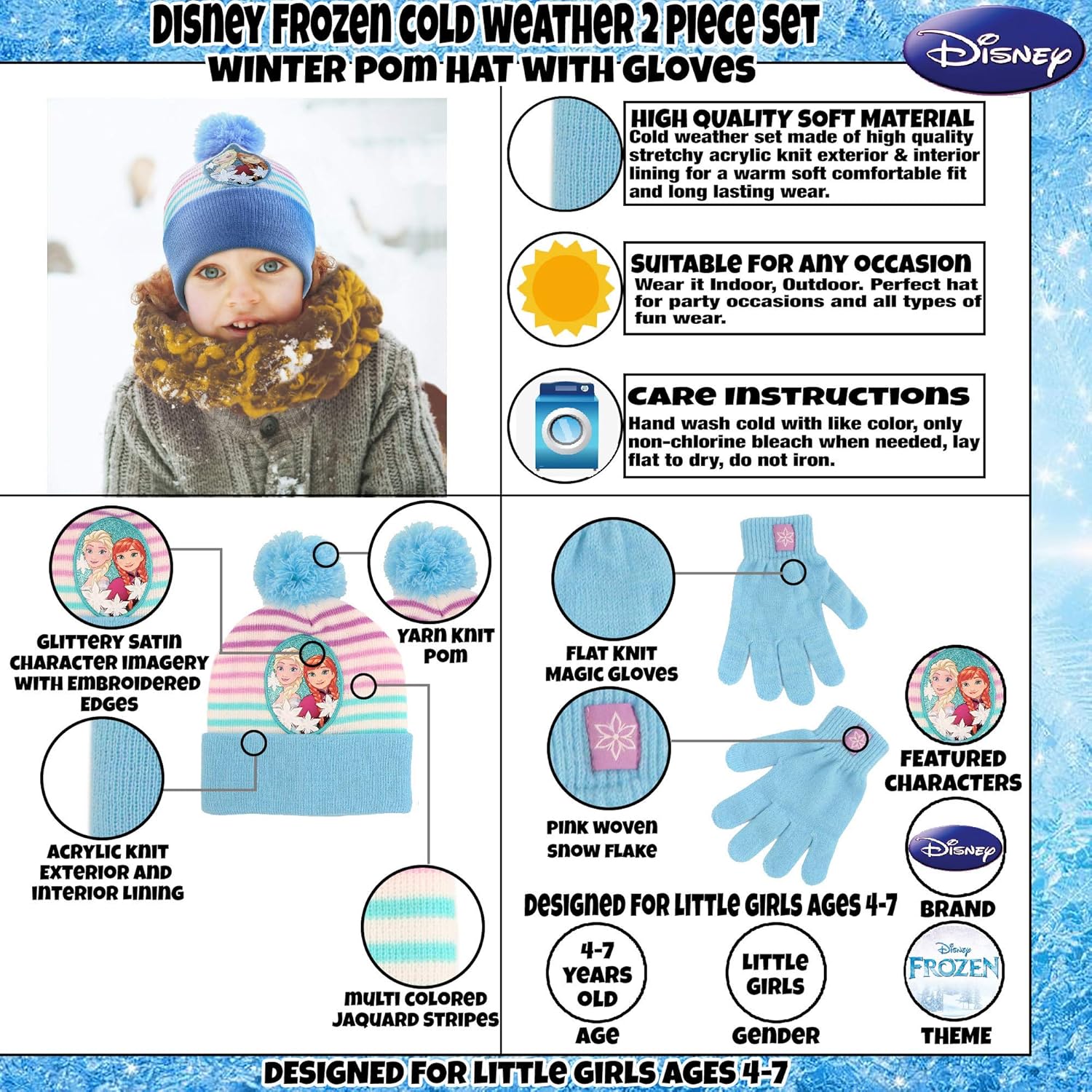 Disney Girls' Little Frozen Elsa and Anna Beanie Hat and Gloves Cold Weather Set, Blue/White, Age 4-7: Clothing