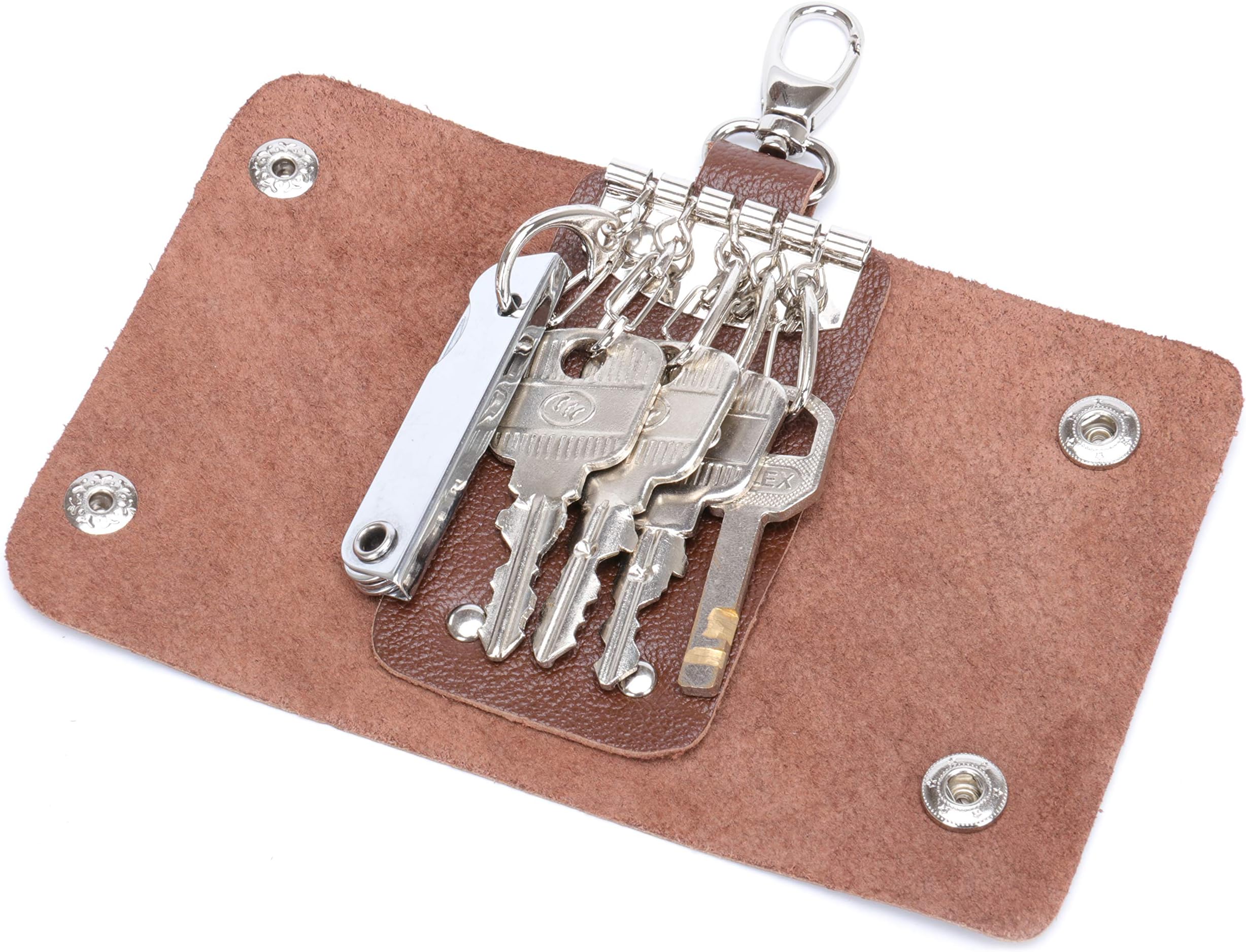 MuLier Top Grain Genuine Leather Car Smart Key Chain Case Pocket Mens Key Holder (Brown)