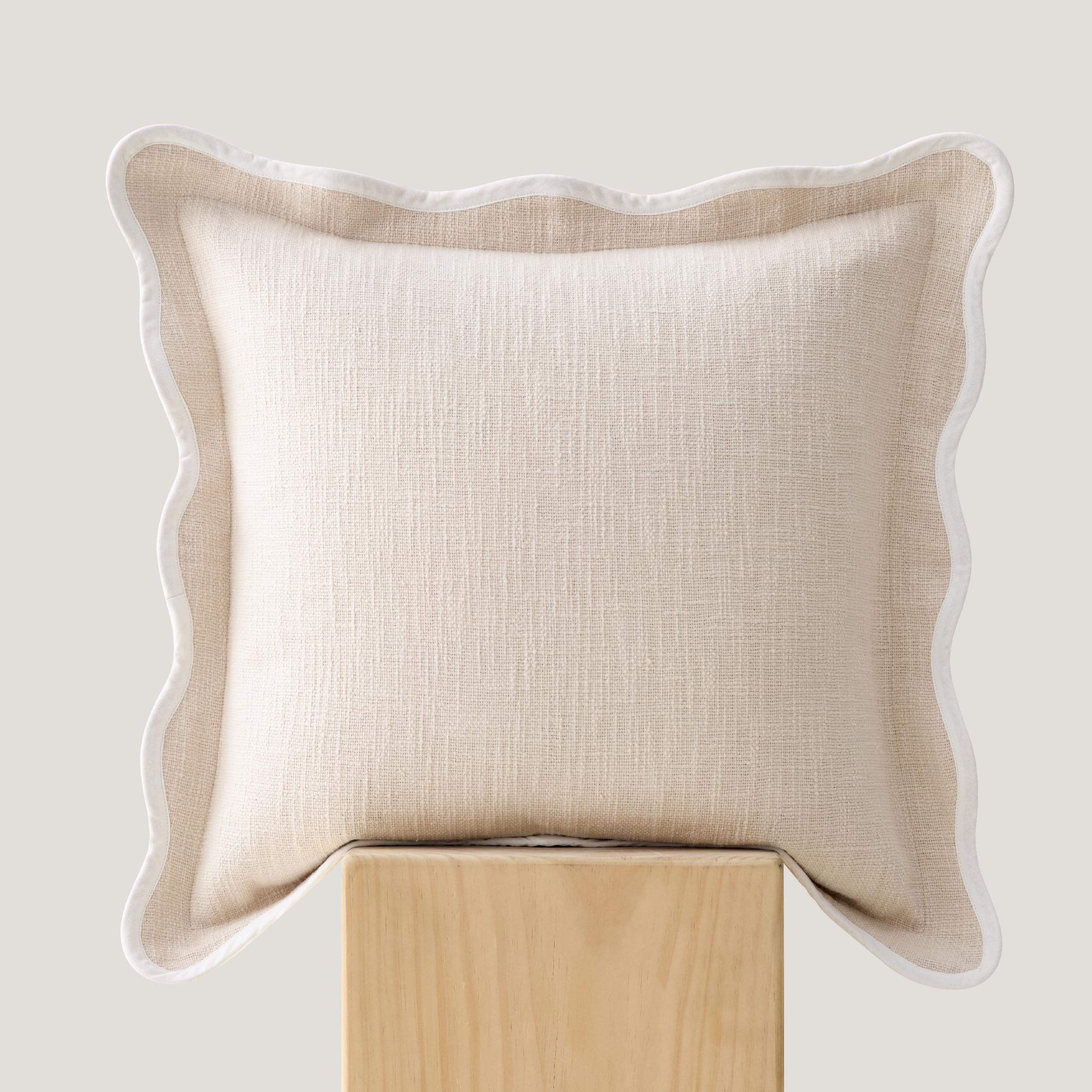 Photo 1 of Double Stitch Scalloped Throw Pillow Covers - 100% Cotton Decorative Boho Pillow Covers 20 x 20, Made in India, Square Cushion Case, Modern Home Decor for Couch Sofa Living Room, Oat Milk