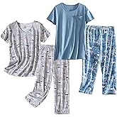 PNAEONG 2 Pack Women's Cotton Pajama Sets Short Sleeve Sleepwear Tops with Capri Pants Summer Loungewear Pj Sets S-3XL