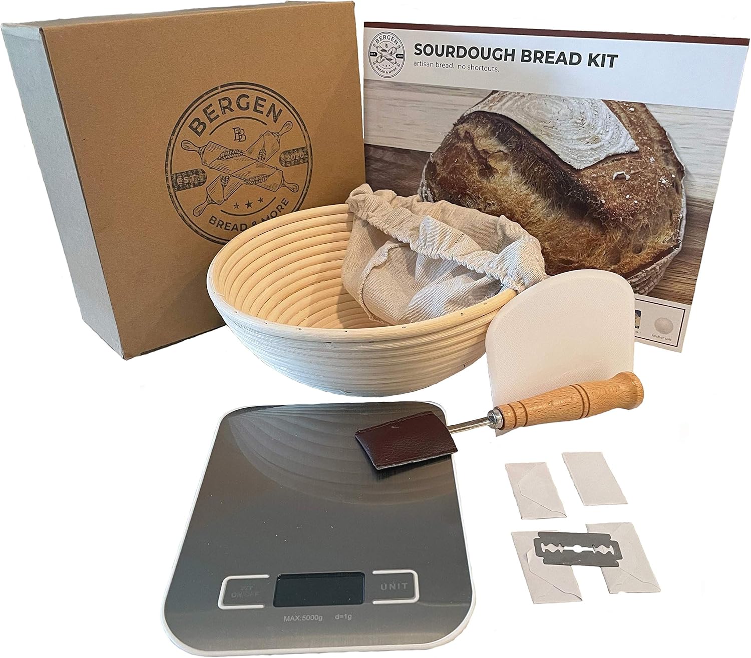 Bergen Bread | Artisan Sourdough Baking Kit - 9in Banneton Proofing Basket, Kitchen Scale, Bread Lame, Dough Scraper + Full Starter & Sourdough Recipe Printed Guide!