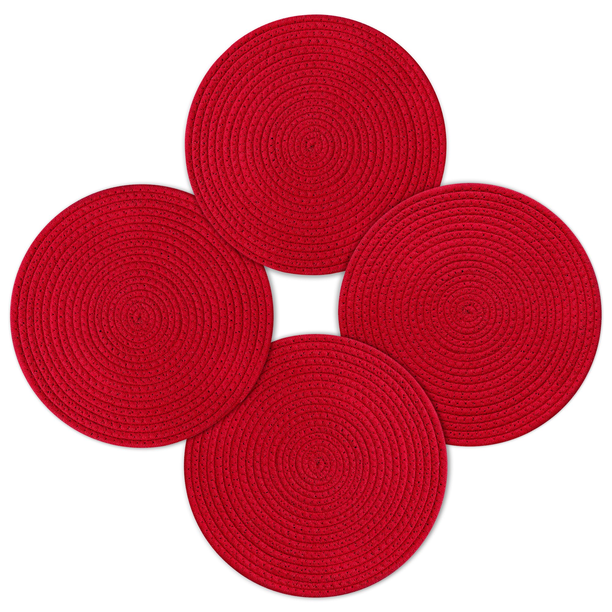 fanquare Set of 4 Christmas Placemats, Round Cotton Woven Placemats for Kids Adults, Non-slip Washable Heat Resistant Table Mats Coaster Dinner Table Kitchen(Red, 30cm)