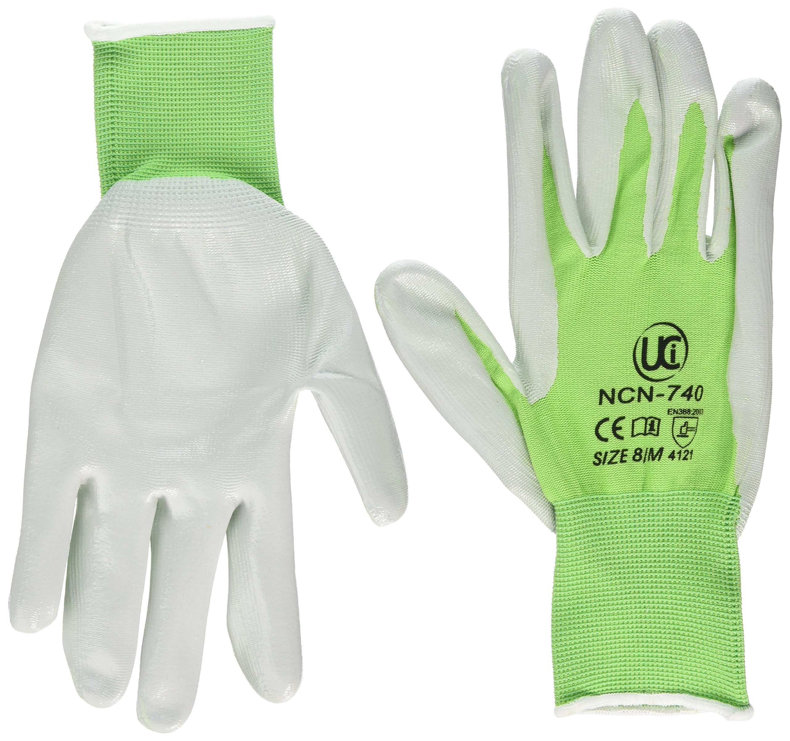 UCI NCN Lightweight Nitrile Coated Work DIY Gardening Work Assembly Safety Gloves (8/Medium, NCN-740 - Green)