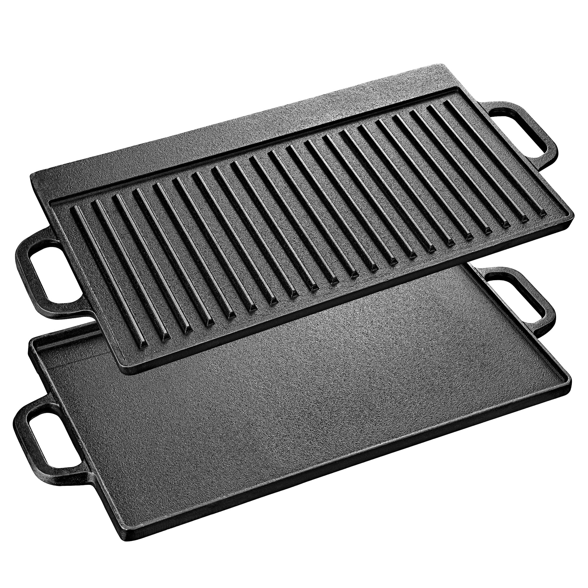 Velaze Cast Iron Griddle Pan with Handles, BBQ Griddle pan Double Sided Pre-Seasoned, for Gas Grill and Electric Grill, Grill Pan for BBQ, Camping, Garden - 50 x 23cm