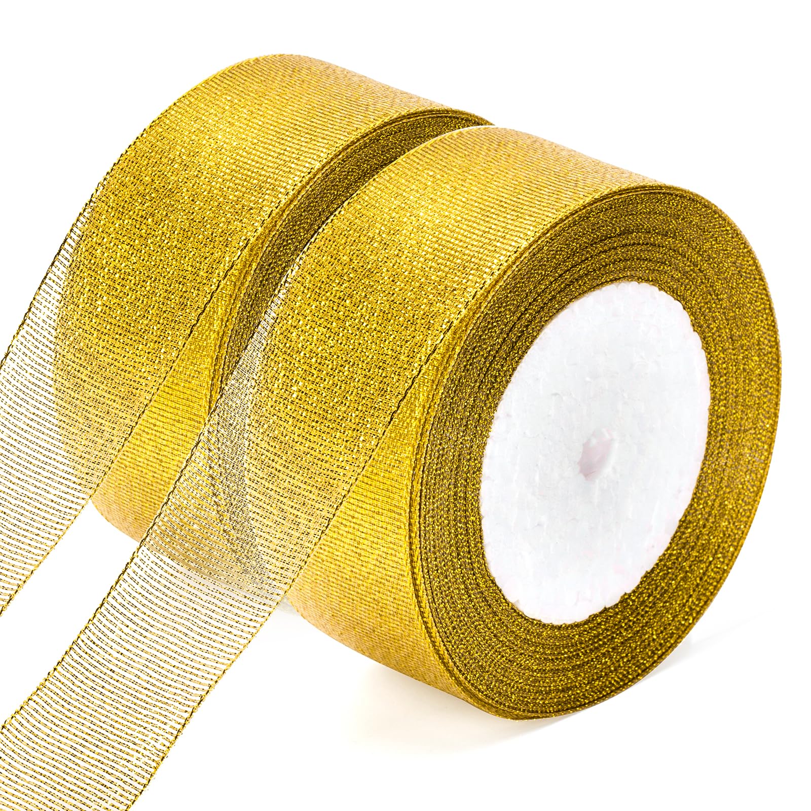 G2PLUS Gold Organza Gift Wrapping Ribbon, 40mm Sparkly Decorative Christmas Ribbon for Presents Wrapping, Christmas Crafting, 2 Roll x 22M