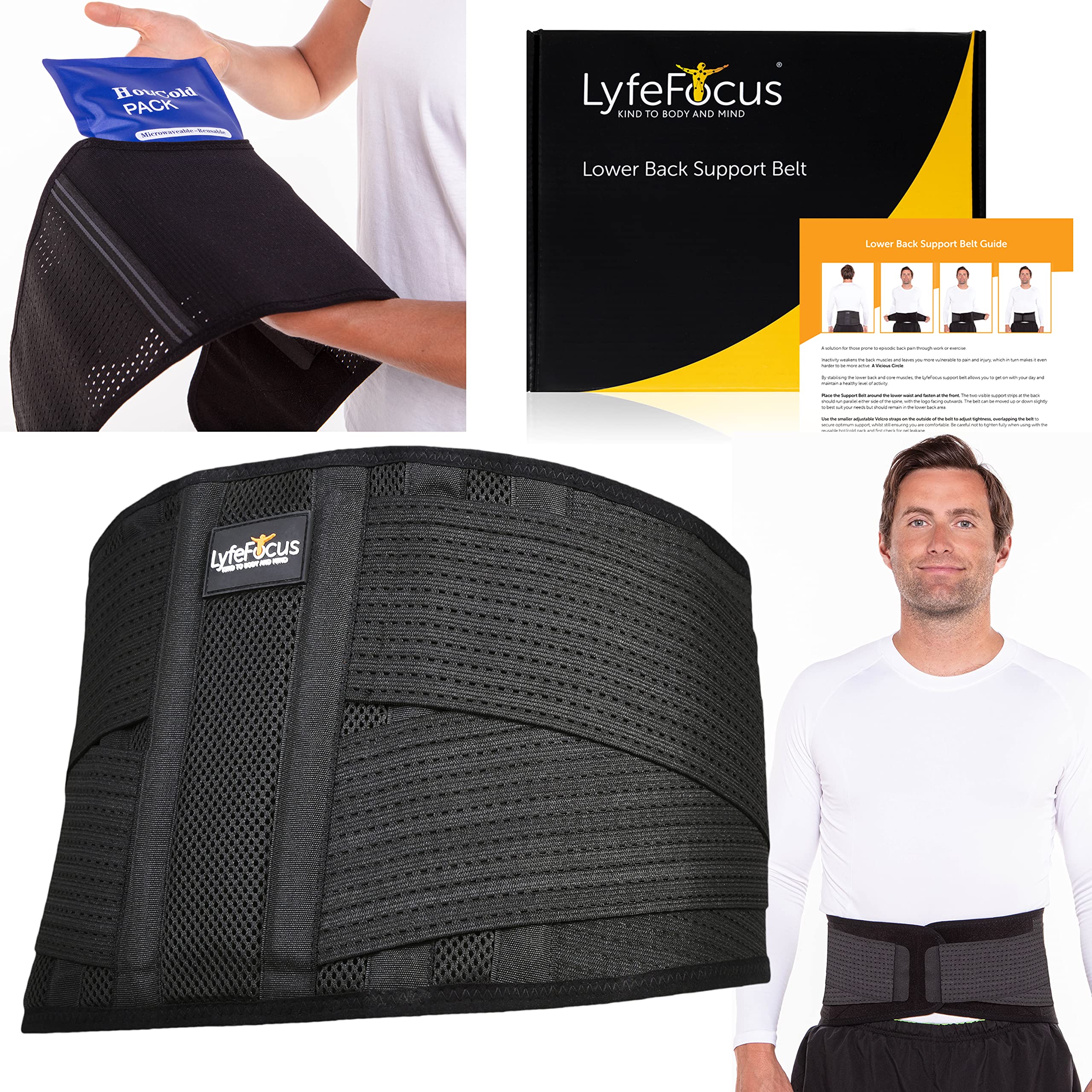 LyfeFocus Premium Adjustable Lower Back Support Belt for Men & Women - Breathable Lumbar Support Brace Supplied with Reusable Hot Cold Pack for Pain & Muscle Tension Relief (Check Size Table: Large)