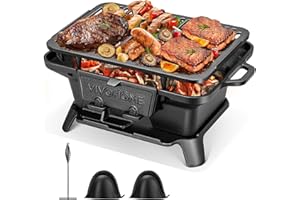 VIVOHOME Rectangle Cast Iron Charcoal Grill with Double-Sided Grate, Portable Outdoor BBQ Grill, Compact Tabletop Grill Stove (Note: The charcoal grid is made of stainless steel, not cast iron)
