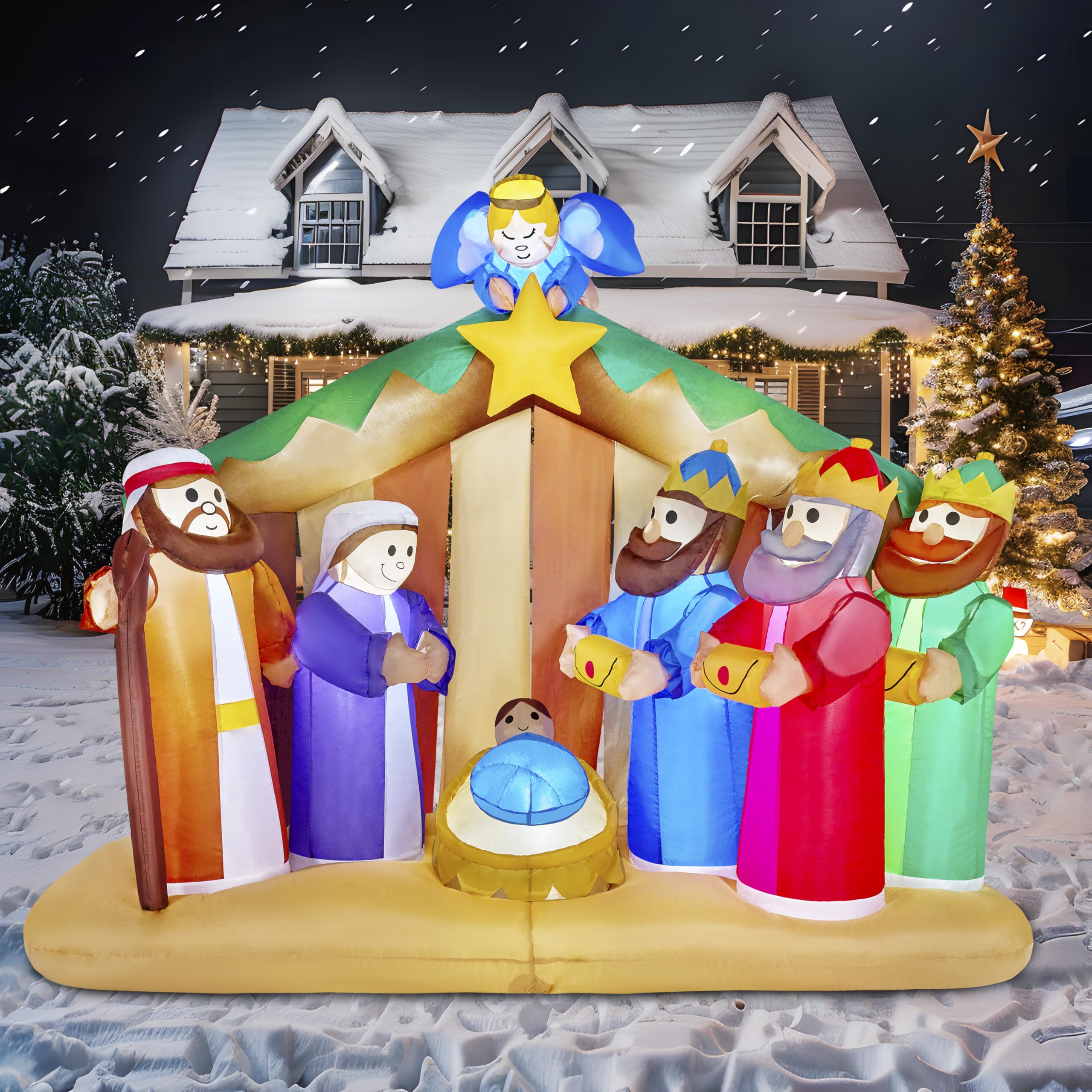 Photo 1 of **FACTORY SEALED** Joiedomi 6.5 FT Long Christmas Inflatable Nativity Scene with Angels with Build-in LEDs Blow Up Inflatables for Christmas Party Indoor, Outdoor, Yard, Garden, Lawn, Winter Décor
