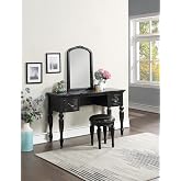 Bedroom Vanity Set Wooden Carved Mirror Stool Drawers Black Color