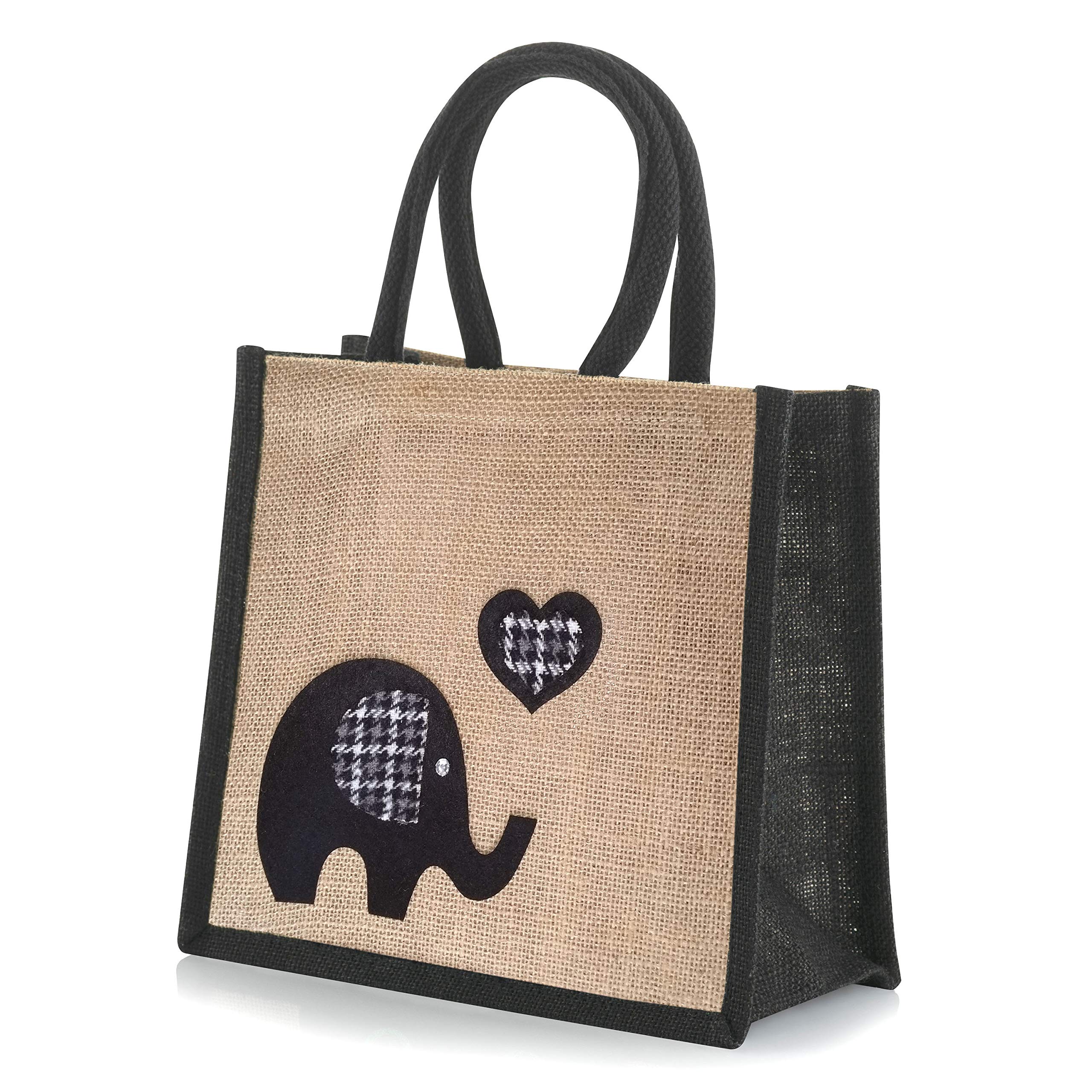 Yellowboots Jute Hessian Lunch Gift Bag - Height 24 cm x Width 26 cm x Depth 17 cm - Elephant Black