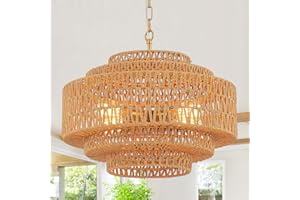 Tunkayli Hand-Woven Rattan Chandelier 20in Boho Chandelier Vintage Light Fixtures 4-Light Gold Coastal Bamboo Wicker Chandelier for Dining Room Bedroom Kitchen Island Entryway