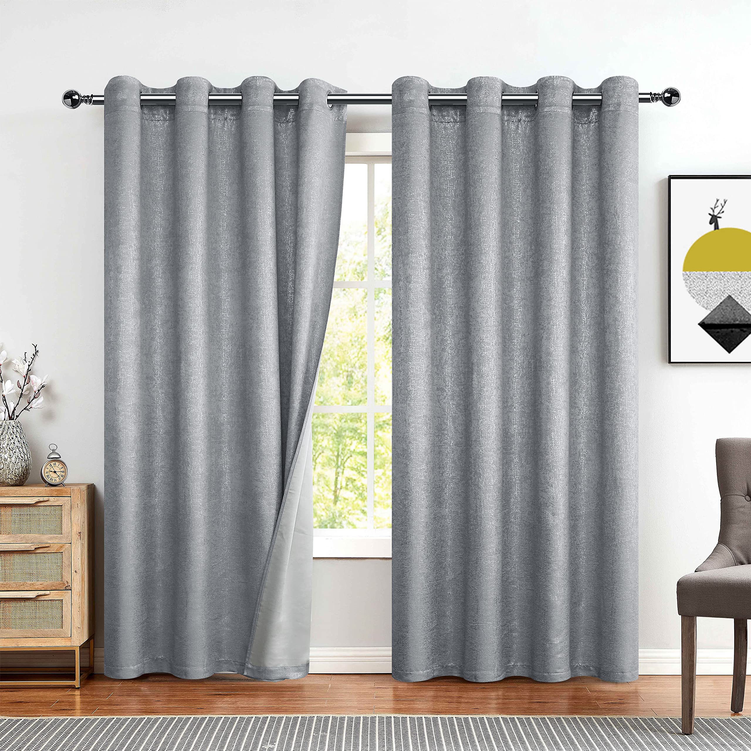 Photo 1 of Bujasso Gray Sparkle Room Darkening Curtains Luxury Silver Metallic 75% Blackout Curtains 63 inch Chic Glitter Grey Drapes for Living Room Bedroom Grommet Top 2 Panels,W52 xL63