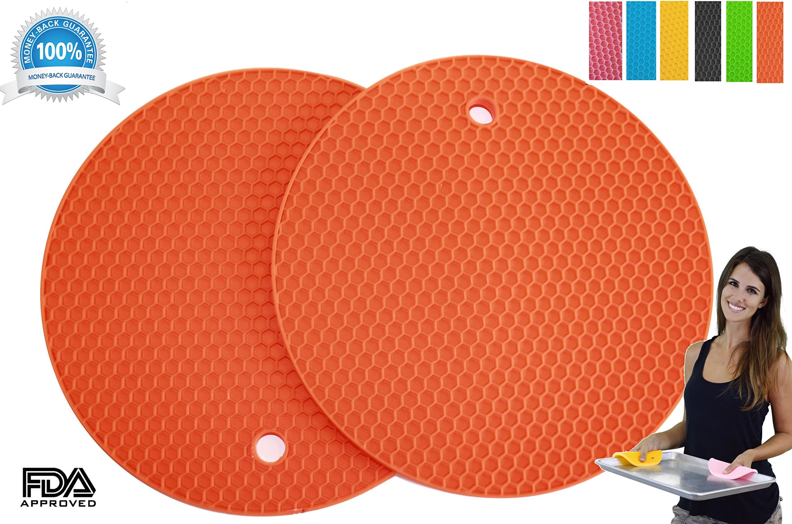 Pot Holders Set of 2 Premium Heavy Duty Multipurpose Silicone, Trivets, Jar Opener, Large Coaster, Spoon Rest, Flexible, Durable, Heat Resistant Mat (Orange)