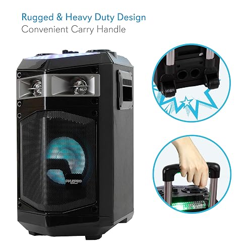 Pyle Portable PA Speaker System - 1200W Bluetooth Speaker With Flashing Lights, FM Radio, USB/AUX Input, Rolling Wheels