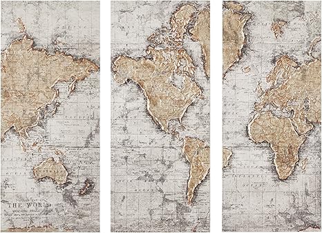 Amazon Com Madison Park Map Of The World Wall Art Vintage Antique Print Detailed With Hand Embellishment Modern Stretched 3 Piece Set Canvas Living Room Decor See Below Natural Posters Prints