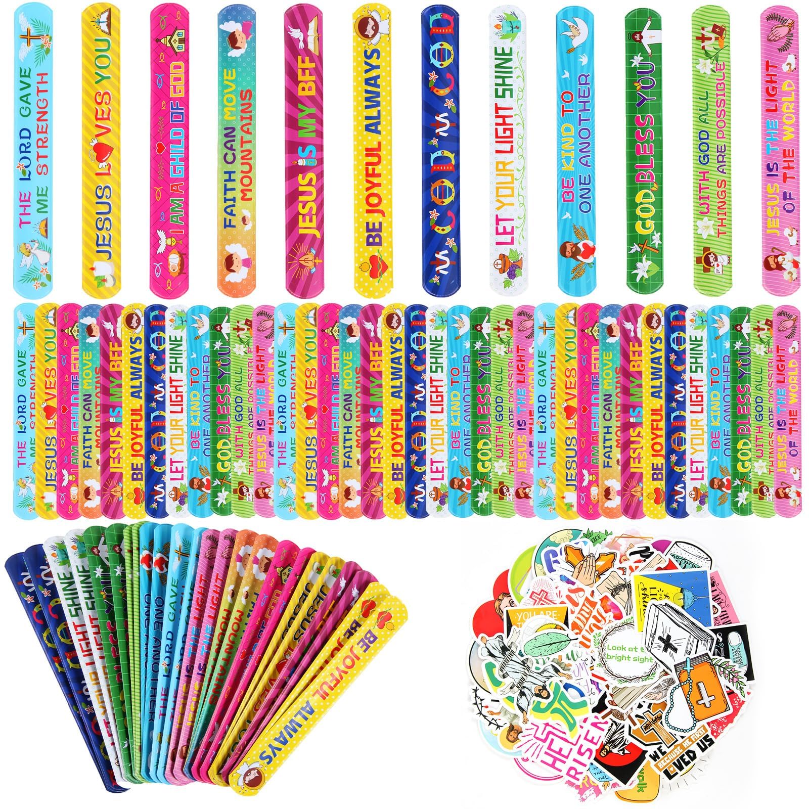 Photo 1 of Kolewo4ever 244 Pieces Bible Verses Gifts Set:144 Pieces Bible Verses Slap Bracelets Religious Christian Wristbands 100 Pieces Bible Verses Stickers for Church Gatherings and Additional Activities