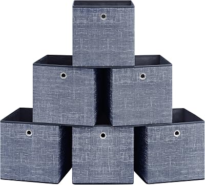 SONGMICS Storage Boxes Set of 6 30cm Cube Fabric Boxes with Handles Misty Blue