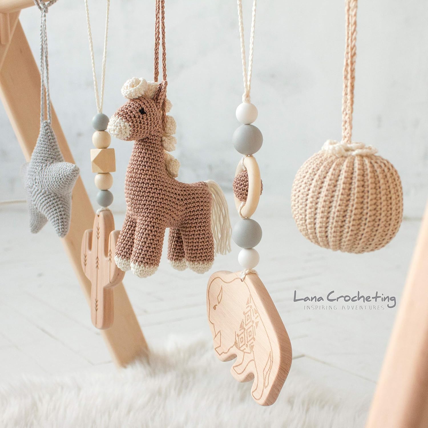 Newborn Gift Baby shower natural Horse Foldable Baby Play Gym Tan and