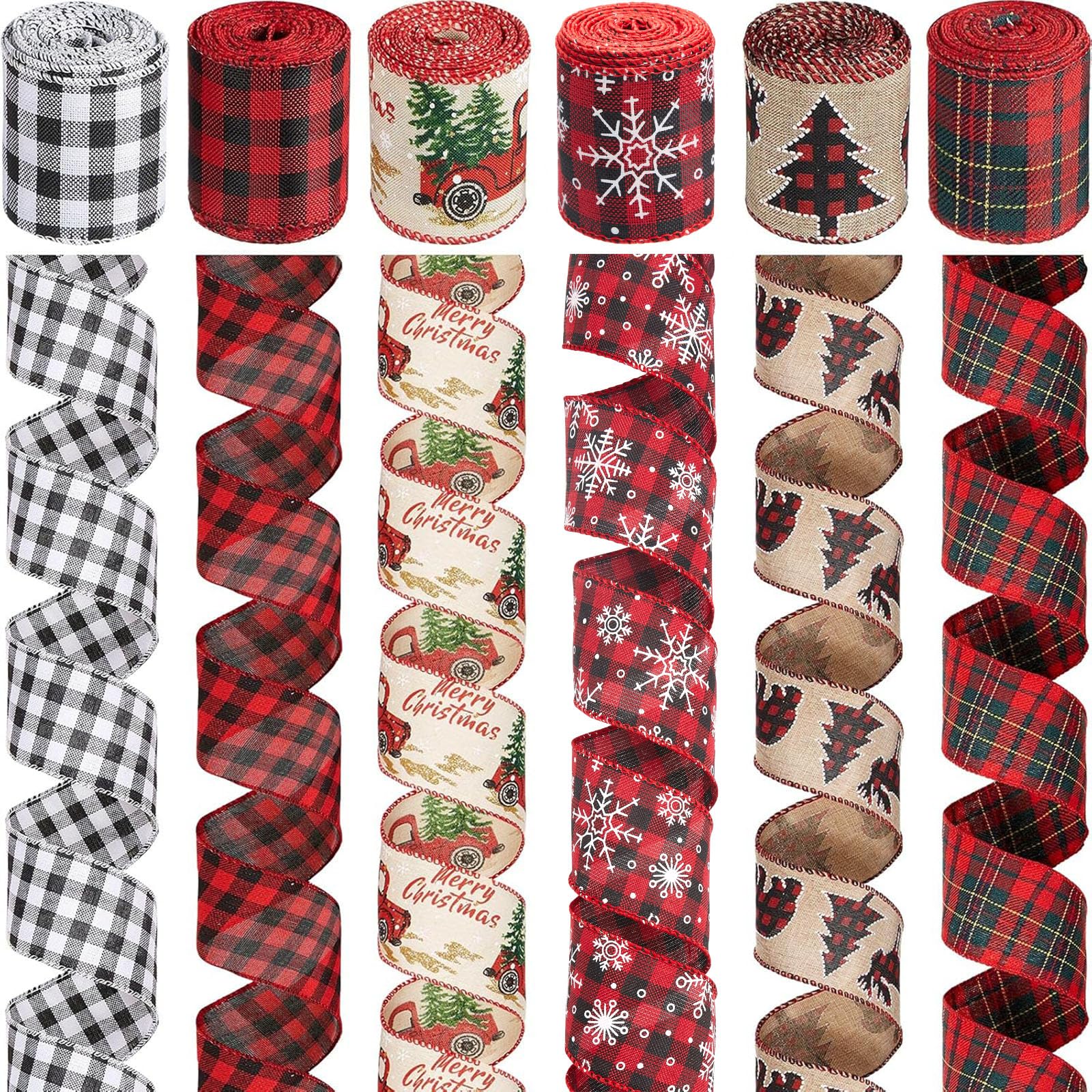 6 Rolls Christmas Wired Ribbons 2.5 Inch x 24 Yards Buffalo Red White Black Plaid Ribbons Vintage Truck Trees Glittered Snowflake Wired Edge Ribbon for Christmas DIY Wrapping Wedding Floral Bow Craft