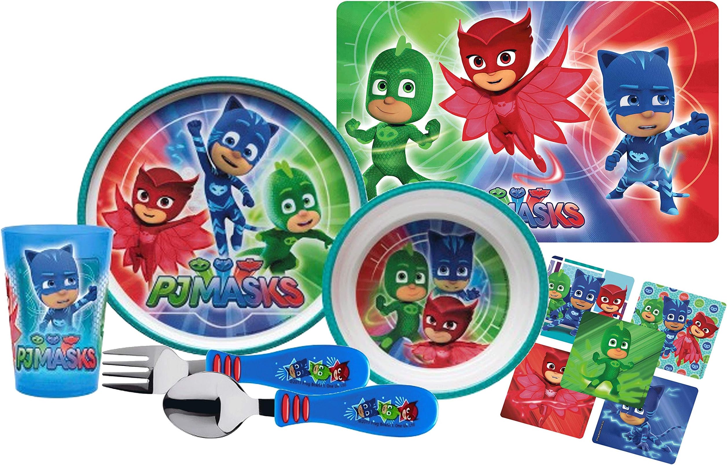 PJ Masks Kids 6pc Dinnerware Set! Includes Plate, Bowl, Tumbler Cup, Place-mat, Fork & Spoon! Featuring Catboy, Owlette & Gekko! BPA-free!