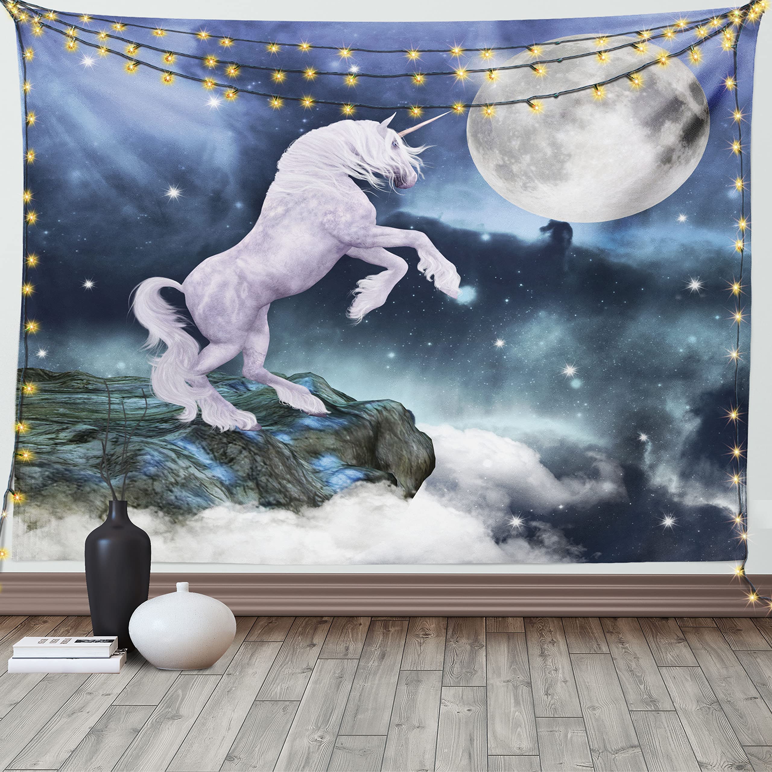 ABAKUHAUS Unicorn Tapestry, Creature up Cliffs Rocks in Full Moonlight Sky Fantasy Design Artprint, Fabric Wall Hanging Decor for Bedroom Living Room Dorm, 90 W X 54 L, Lilac Blue