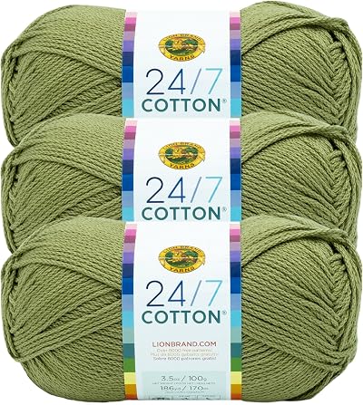 Lion Brand 24/7 Cotton Yarn Bay Leaf 3 Pack 100% Mercerized Cotton